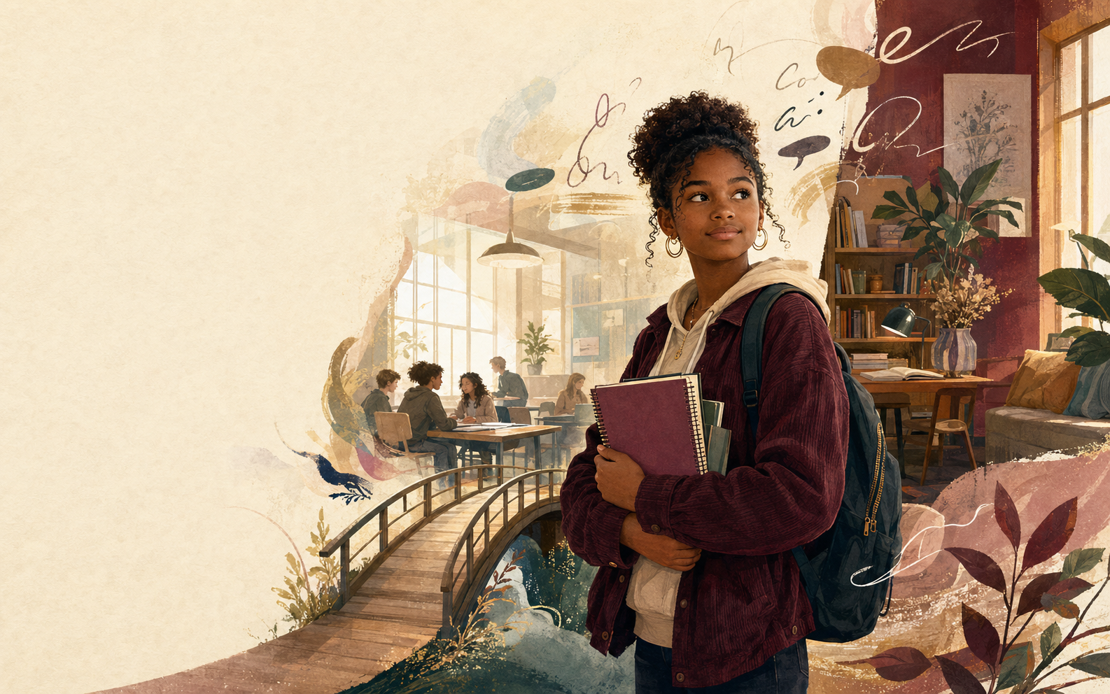 A multilingual teenager standing confidently between home and school worlds